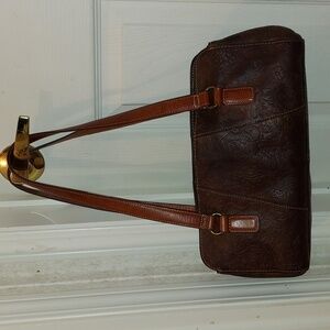 Vintage Fossil Brown Floral Leather Shoulder 2 Handle Bag.